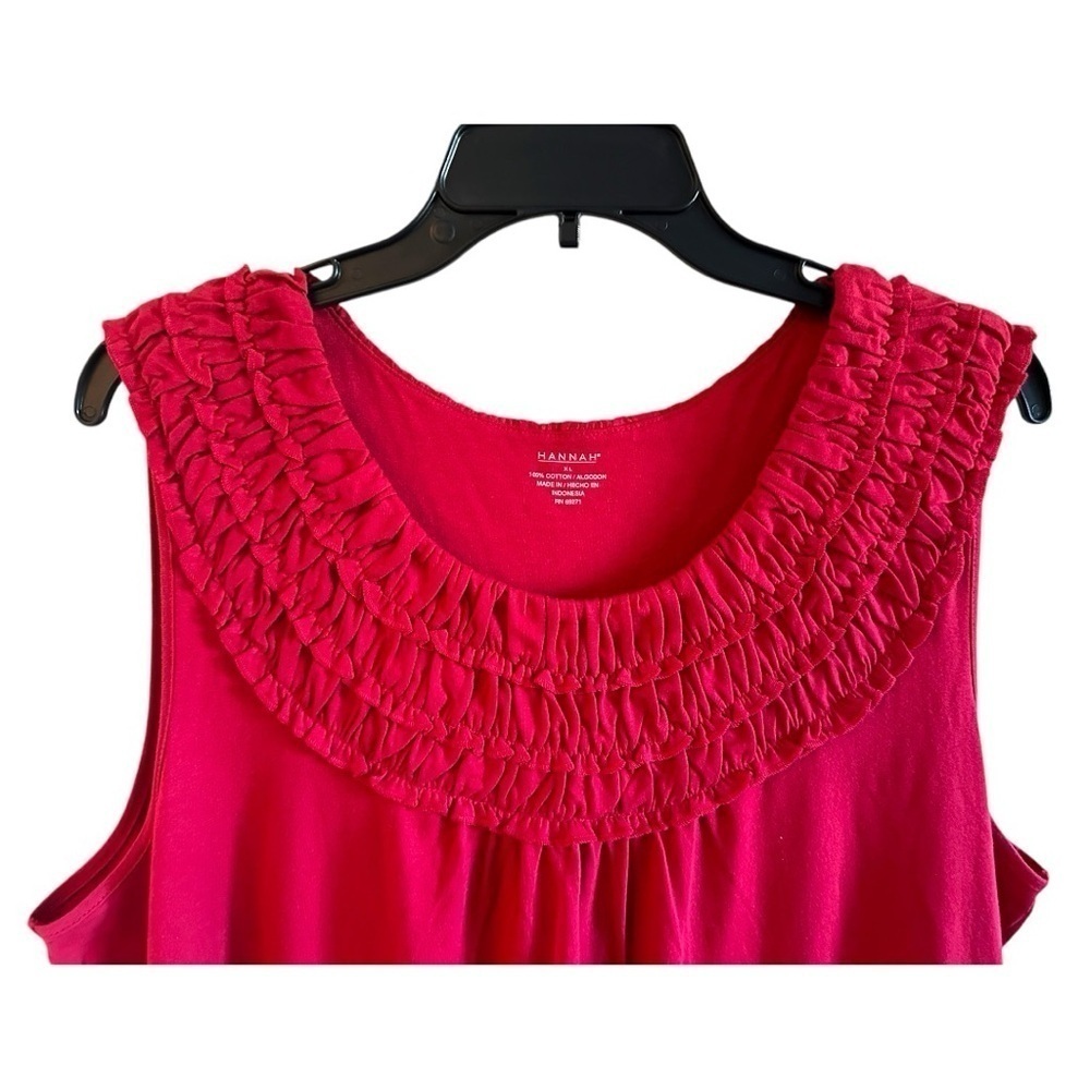 HANNAH,DEEP RED,SLEEVELESS TANK TOP. ROUND NECKLINE WITH LAYERED RUFFLES.SIZEXL - Picture 3 of 6